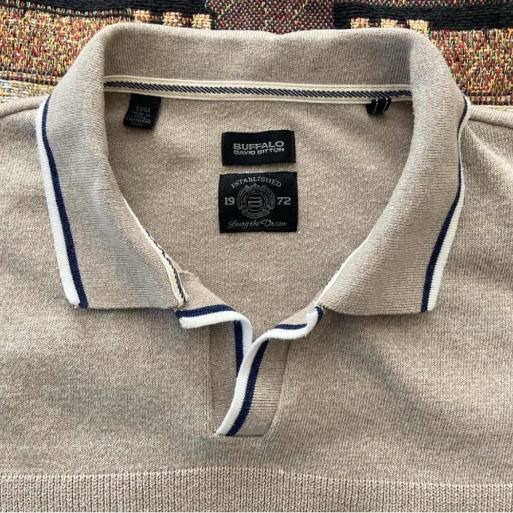 Buffalo David Bitton Beige V-Neck Polo Sweater with Navy & White Trim